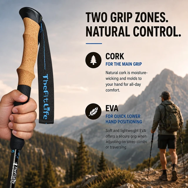 Alt view image 6 of 7 - Carbon Fiber Trekking Poles Ultralight Walking Sticks for Hiking | Lightweight Telescopic Poles with Cork Handle, Secure Locks, Snow Baskets for Men, Women, Camping, Backpacking, Snowshoeing