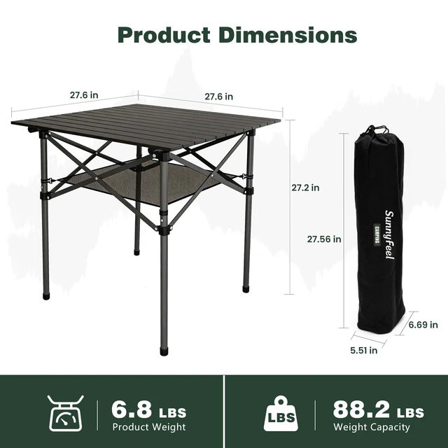 Alt view image 2 of 7 - Aluminum Folding Camping Table, Lightweight Roll Up Portable Foldable Outdoor Table, Seats 4 with Carry Bag & Mesh Shelf for Picnic, Beach, Tailgating & Card Game, 27.5" Square
