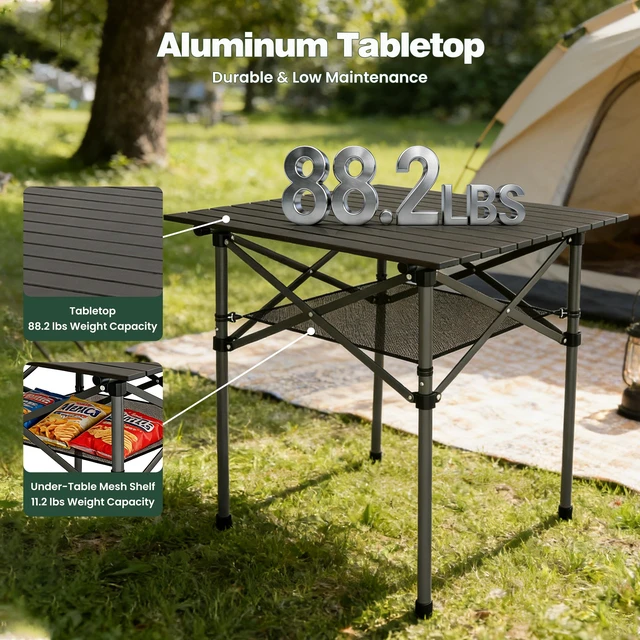Alt view image 3 of 7 - Aluminum Folding Camping Table, Lightweight Roll Up Portable Foldable Outdoor Table, Seats 4 with Carry Bag & Mesh Shelf for Picnic, Beach, Tailgating & Card Game, 27.5" Square