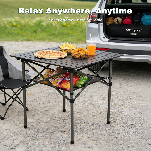 Alt view image 5 of 7 - Aluminum Folding Camping Table, Lightweight Roll Up Portable Foldable Outdoor Table, Seats 4 with Carry Bag & Mesh Shelf for Picnic, Beach, Tailgating & Card Game, 27.5" Square