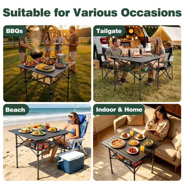 Alt view image 7 of 7 - Aluminum Folding Camping Table, Lightweight Roll Up Portable Foldable Outdoor Table, Seats 4 with Carry Bag & Mesh Shelf for Picnic, Beach, Tailgating & Card Game, 27.5" Square