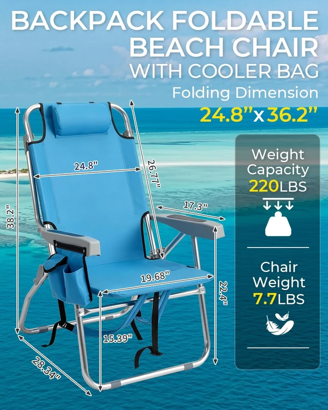 Alt view image 2 of 7 - Backpack Beach Chair, 5 Level Adjustable Positions with Bag High | Lightweight Sturdy | Storage Pouches | Reclining for Patio Poolside Camping | Rustproof 600D Fabric | 220lbs Capacity
