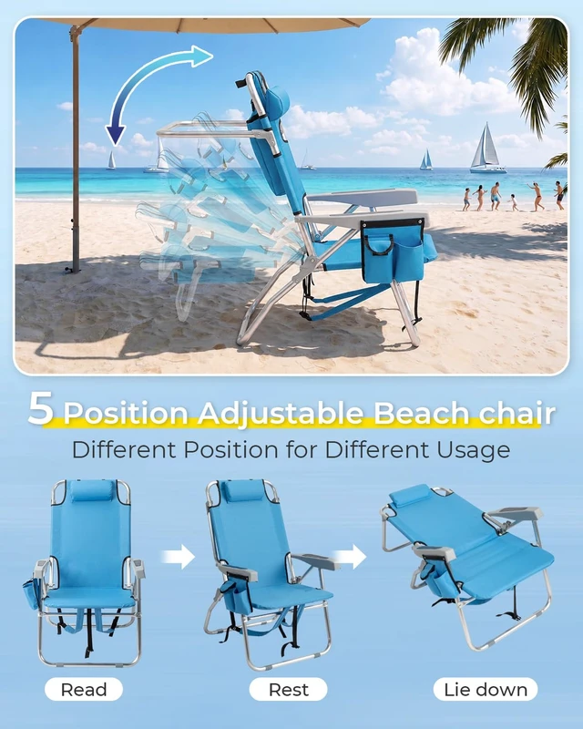 Alt view image 3 of 7 - Backpack Beach Chair, 5 Level Adjustable Positions with Bag High | Lightweight Sturdy | Storage Pouches | Reclining for Patio Poolside Camping | Rustproof 600D Fabric | 220lbs Capacity