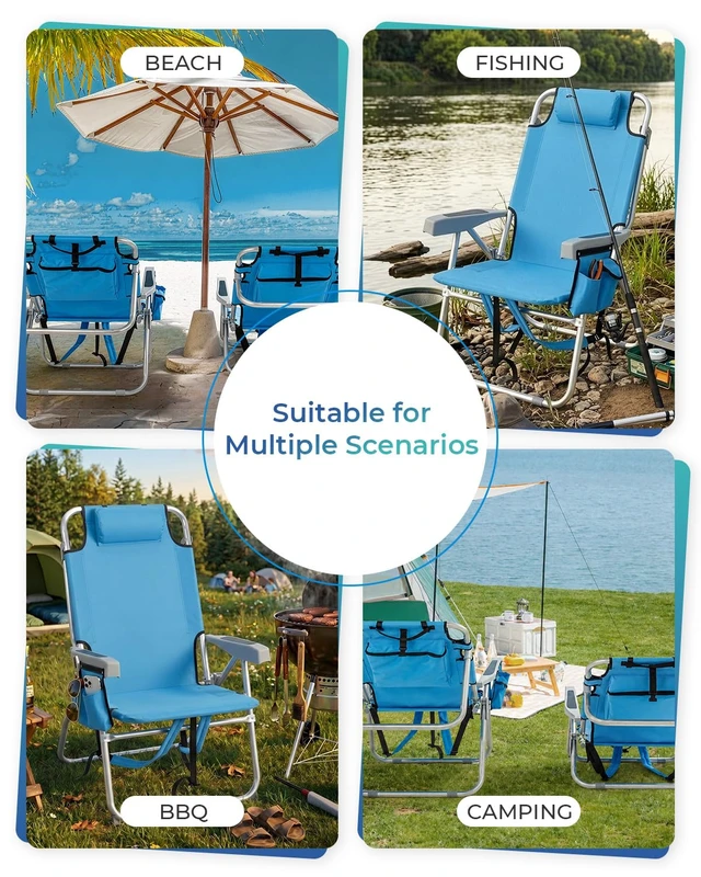Alt view image 7 of 7 - Backpack Beach Chair, 5 Level Adjustable Positions with Bag High | Lightweight Sturdy | Storage Pouches | Reclining for Patio Poolside Camping | Rustproof 600D Fabric | 220lbs Capacity