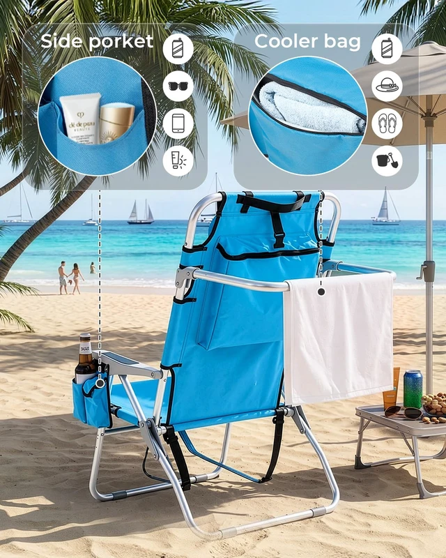 Alt view image 5 of 7 - Backpack Beach Chair, 5 Level Adjustable Positions with Bag High | Lightweight Sturdy | Storage Pouches | Reclining for Patio Poolside Camping | Rustproof 600D Fabric | 220lbs Capacity