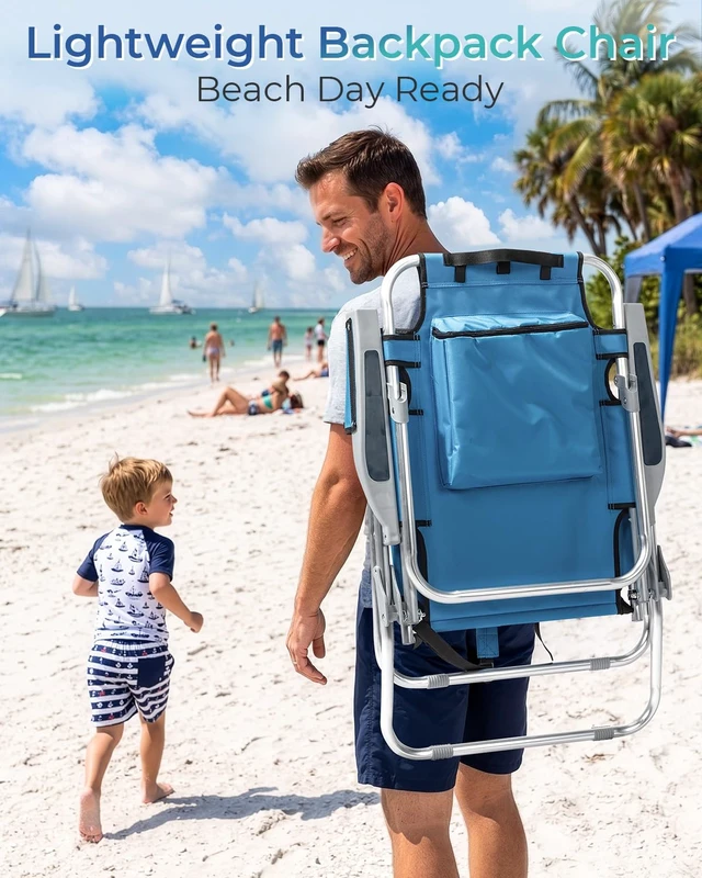 Alt view image 6 of 7 - Backpack Beach Chair, 5 Level Adjustable Positions with Bag High | Lightweight Sturdy | Storage Pouches | Reclining for Patio Poolside Camping | Rustproof 600D Fabric | 220lbs Capacity