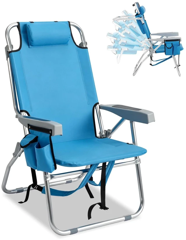 Main image of Backpack Beach Chair, 5 Level Adjustable Positions with Bag High | Lightweight Sturdy | Storage Pouches | Reclining for Patio Poolside Camping | Rustproof 600D Fabric | 220lbs Capacity