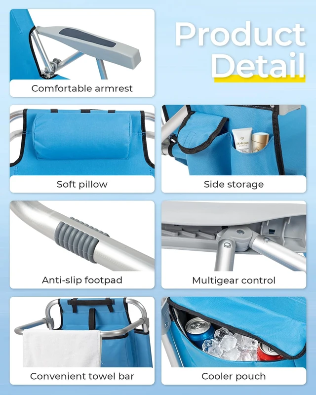 Alt view image 4 of 7 - Backpack Beach Chair, 5 Level Adjustable Positions with Bag High | Lightweight Sturdy | Storage Pouches | Reclining for Patio Poolside Camping | Rustproof 600D Fabric | 220lbs Capacity