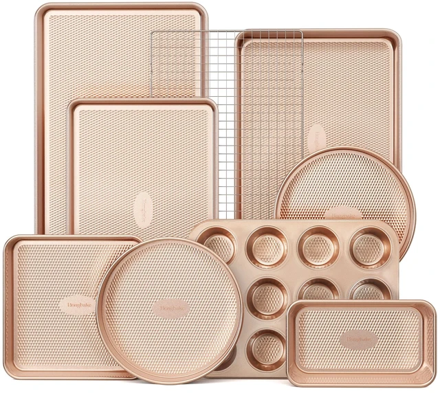 Main image of 9-Piece Baking Pans Set Nonstick, Stackable Non Toxic Bakeware Sets with Diamond Texture, Oven Pan Set for Cooking, Includes Cookie Sheet with Rack, Cake Pan, Roasting Pan, Muffin Tin, Gold