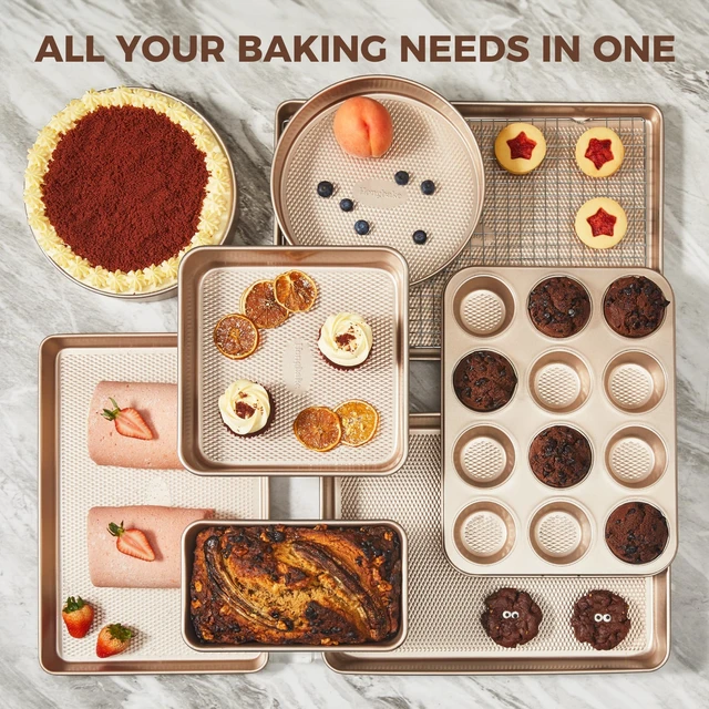 Alt view image 3 of 7 - 9-Piece Baking Pans Set Nonstick, Stackable Non Toxic Bakeware Sets with Diamond Texture, Oven Pan Set for Cooking, Includes Cookie Sheet with Rack, Cake Pan, Roasting Pan, Muffin Tin, Gold