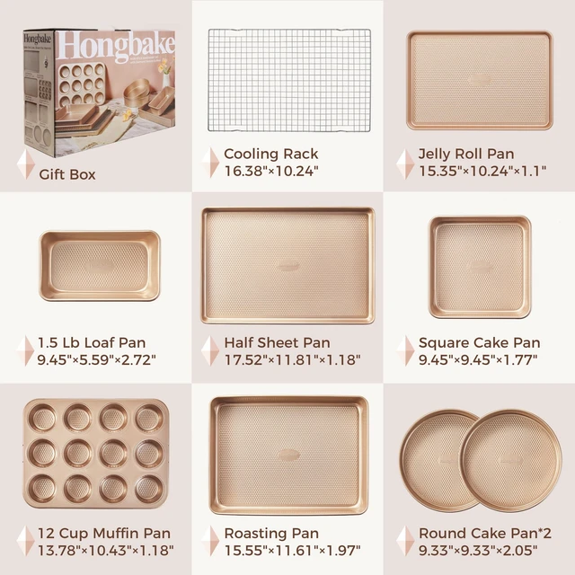 Alt view image 5 of 7 - 9-Piece Baking Pans Set Nonstick, Stackable Non Toxic Bakeware Sets with Diamond Texture, Oven Pan Set for Cooking, Includes Cookie Sheet with Rack, Cake Pan, Roasting Pan, Muffin Tin, Gold