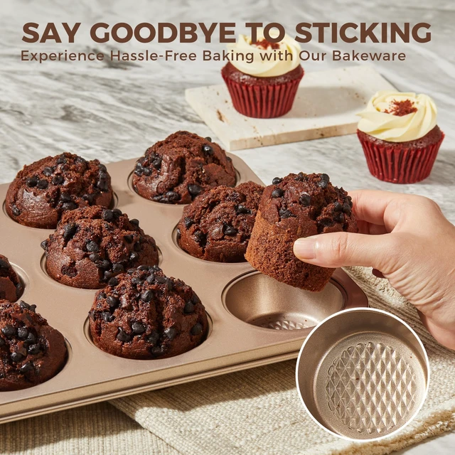 Alt view image 6 of 7 - 9-Piece Baking Pans Set Nonstick, Stackable Non Toxic Bakeware Sets with Diamond Texture, Oven Pan Set for Cooking, Includes Cookie Sheet with Rack, Cake Pan, Roasting Pan, Muffin Tin, Gold