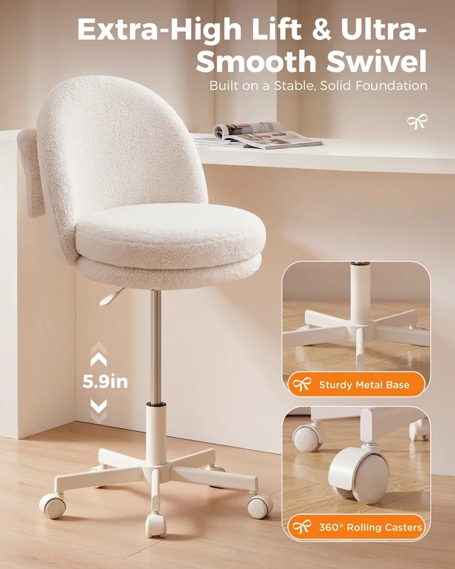 Alt view image 7 of 7 - Velvet Tall Office Chair with Wheels Vanity Chairs with Back, Versatile Height Use: Office to Bar Stools Small Ergonomic Comfy Armlees Computer Desk Chair with Bow Lumbar Pillow for Gift