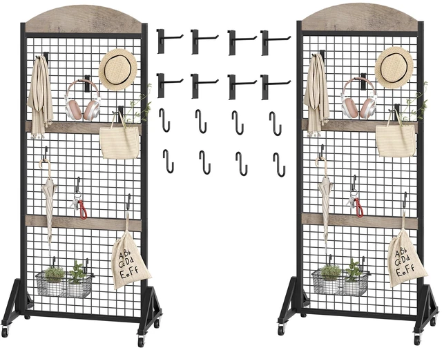 Main image of Grid Wall Panel 5.7 x 2 FT Grid Display Rack, Movable Gridwall Display Stand with Wheels, Floorstanding Wire Grid Rack with 4 S-Shaped Hooks and 4 Garment Hooks, Greige and Black TCJ17BG