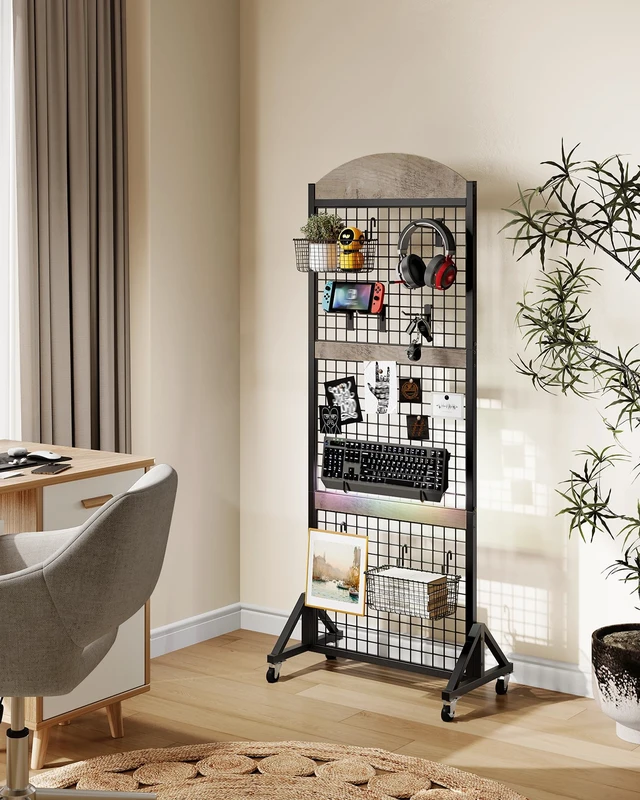 Alt view image 2 of 7 - Grid Wall Panel 5.7 x 2 FT Grid Display Rack, Movable Gridwall Display Stand with Wheels, Floorstanding Wire Grid Rack with 4 S-Shaped Hooks and 4 Garment Hooks, Greige and Black TCJ17BG