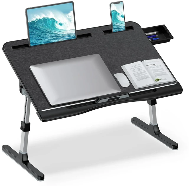 Main image of Bed Laptop Table Adjustable Foldable Laptop Stand 23.60×15.7in Black | Stable Aluminum Frame, Storage Drawer & Tablet Slot, Portable Laptop Stand for Working Eating Reading on Bed Sofa Floor