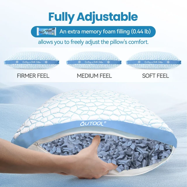 Alt view image 5 of 7 - Double Sided Cooling Pillow for Hot Sleepers, Shredded Memory Foam Pillows King Size Set of 2, Adjustable Soft & Firm Gel Bed Pillow for Side, Back, Stomach Sleepers