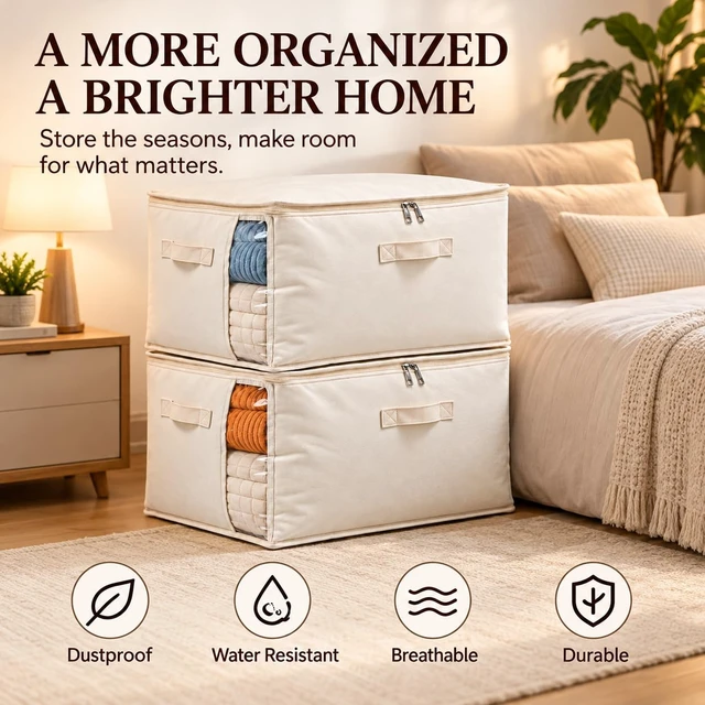 Alt view image 6 of 7 - 6 Pack Canvas Comforter Storage Bags for Clothes & King Comforters, Natural | 70L Capacity, Dual Zippers, Three Reinforced Handles, Foldable Canvas Design for Comforters