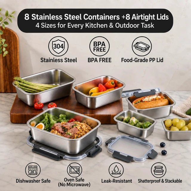 Alt view image 2 of 7 - 8 PCS 304 Stainless Steel Lunch Box 4Size Food Storage Containers with Lids | (58 /41 /24 /14Oz) Stackable Metal Boxes BPA Free Dishwasher Safe,Leakproof Reusable Meal Storage for Work,Travel (Gray)