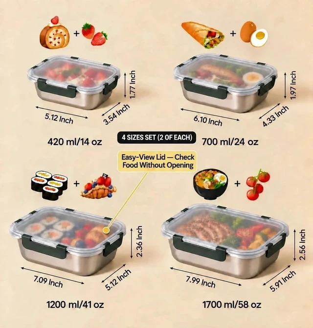 Alt view image 6 of 7 - 8 PCS 304 Stainless Steel Lunch Box 4Size Food Storage Containers with Lids | (58 /41 /24 /14Oz) Stackable Metal Boxes BPA Free Dishwasher Safe,Leakproof Reusable Meal Storage for Work,Travel (Gray)