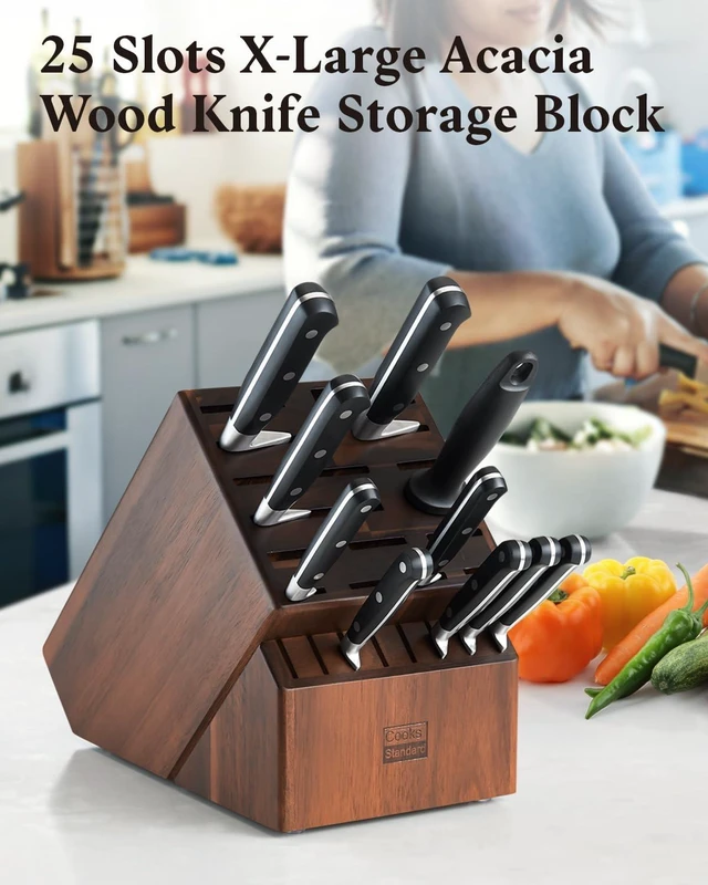 Alt view image 3 of 6 - Acacia Wood 25-Slot Universal Knife Block without Knives | Fits knives & tools up to 10.5". Multi-size slots for chef, steak & cleaver. Durable Countertop knife holder
