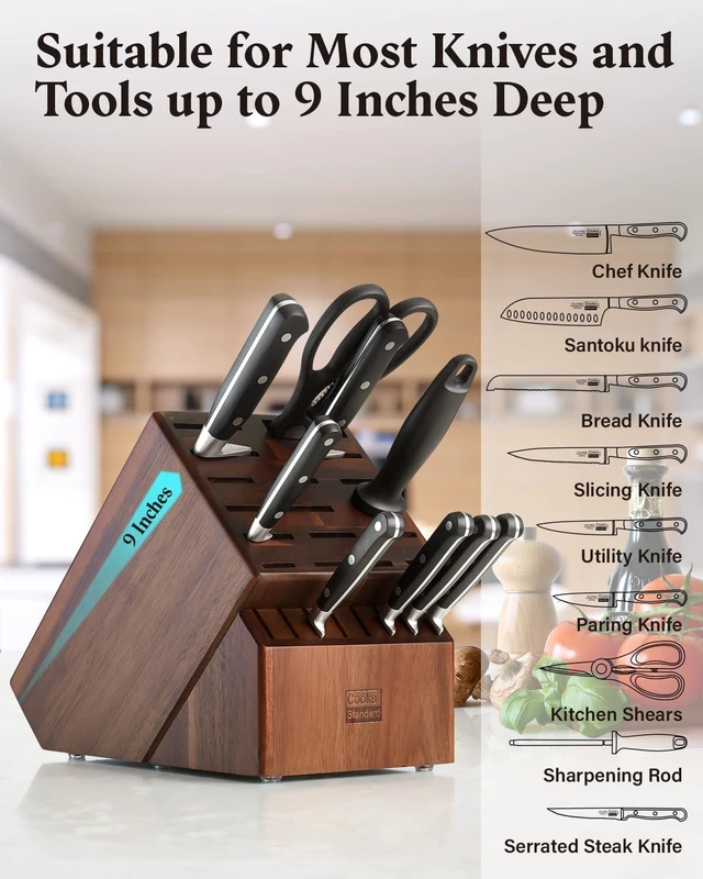Alt view image 4 of 6 - Acacia Wood 25-Slot Universal Knife Block without Knives | Fits knives & tools up to 10.5". Multi-size slots for chef, steak & cleaver. Durable Countertop knife holder