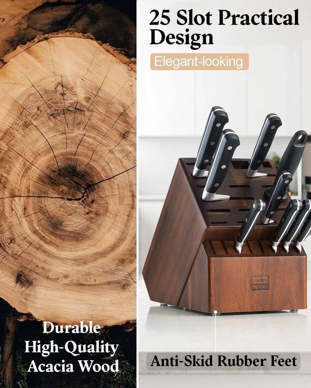 Alt view image 5 of 6 - Acacia Wood 25-Slot Universal Knife Block without Knives | Fits knives & tools up to 10.5". Multi-size slots for chef, steak & cleaver. Durable Countertop knife holder