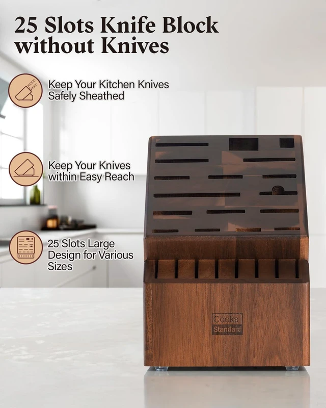 Alt view image 6 of 6 - Acacia Wood 25-Slot Universal Knife Block without Knives | Fits knives & tools up to 10.5". Multi-size slots for chef, steak & cleaver. Durable Countertop knife holder
