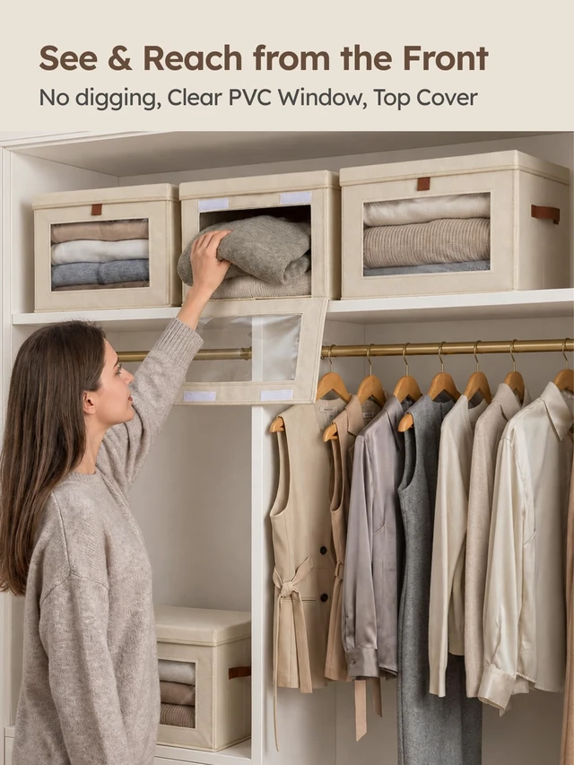 Alt view image 2 of 7 - Collapsible Storage Bins - Large Closet Organizer with Handles & Window, Decorative Storage Boxes, Fabric Containers for Living Room, Dorm, 4 Pack, Beige