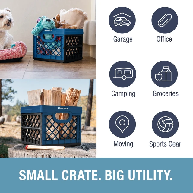 Alt view image 2 of 7 - Collapsible Milk Crates For Storage, 25L 3 Pack, 50 lb, Ocean | Milk Crates For Classroom, Trunk Storage, File Crate | Built-In Rails Hold Letter Folders | Stack Open or Folded