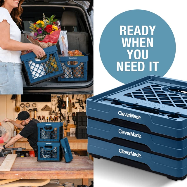 Alt view image 6 of 7 - Collapsible Milk Crates For Storage, 25L 3 Pack, 50 lb, Ocean | Milk Crates For Classroom, Trunk Storage, File Crate | Built-In Rails Hold Letter Folders | Stack Open or Folded