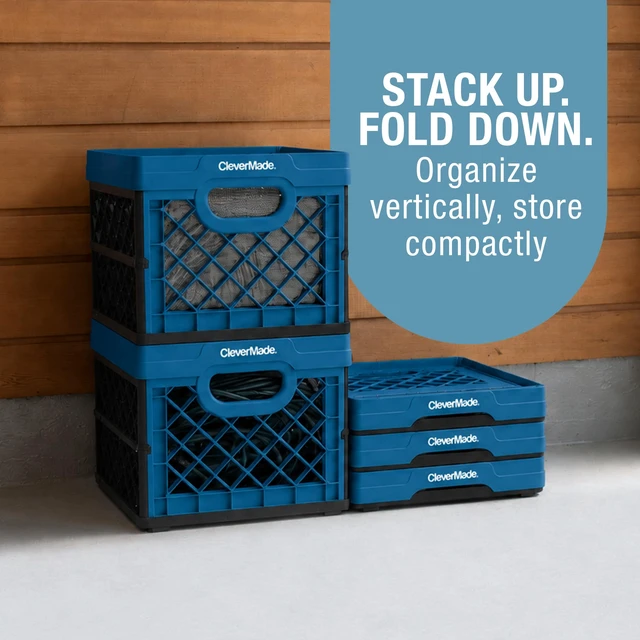 Alt view image 7 of 7 - Collapsible Milk Crates For Storage, 25L 3 Pack, 50 lb, Ocean | Milk Crates For Classroom, Trunk Storage, File Crate | Built-In Rails Hold Letter Folders | Stack Open or Folded