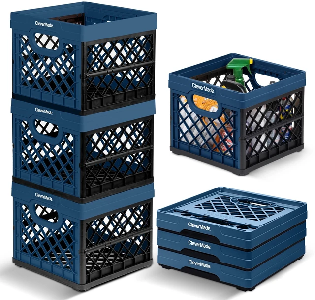 Main image of Collapsible Milk Crates For Storage, 25L 3 Pack, 50 lb, Ocean | Milk Crates For Classroom, Trunk Storage, File Crate | Built-In Rails Hold Letter Folders | Stack Open or Folded