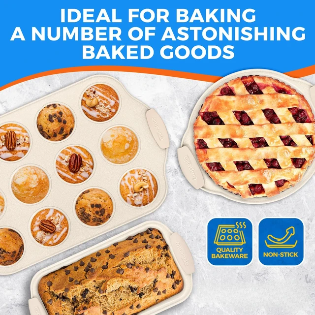 Alt view image 6 of 6 - Baking Pan Set - Nonstick Coating, Carbon Steel Bakeware Set with White Silicone Handle, PFOA, PFOS, PTFE Free, Recipe Booklet Included, Oven Safe Tray (Up To 450° F) Set of 25 - White