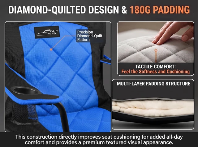 Alt view image 4 of 7 - Padded Oversized Camping Chair with Lumbar Support for Adults | Diamond-Quilted, Heavy Duty, No-Slip Adjustable Armrests, Convenient Storage, Tear-Proof Wide Bag, Up to 350 LBS for Outdoor