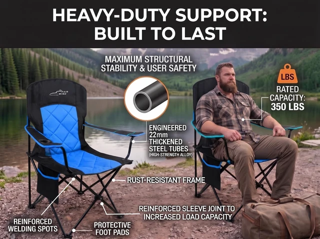 Alt view image 3 of 7 - Padded Oversized Camping Chair with Lumbar Support for Adults | Diamond-Quilted, Heavy Duty, No-Slip Adjustable Armrests, Convenient Storage, Tear-Proof Wide Bag, Up to 350 LBS for Outdoor