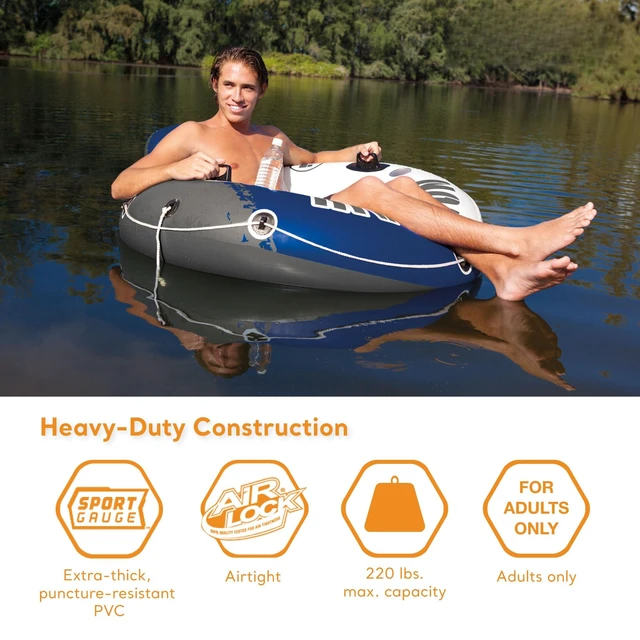 Alt view image 3 of 6 - River Run 1 Inflatable Floating Lake Lounge for Adults, 2-Pack | 58825EP - Solo Water Tube with Comfortable Backrest, Built-in Cup Holders, and All-Around Grab Rope