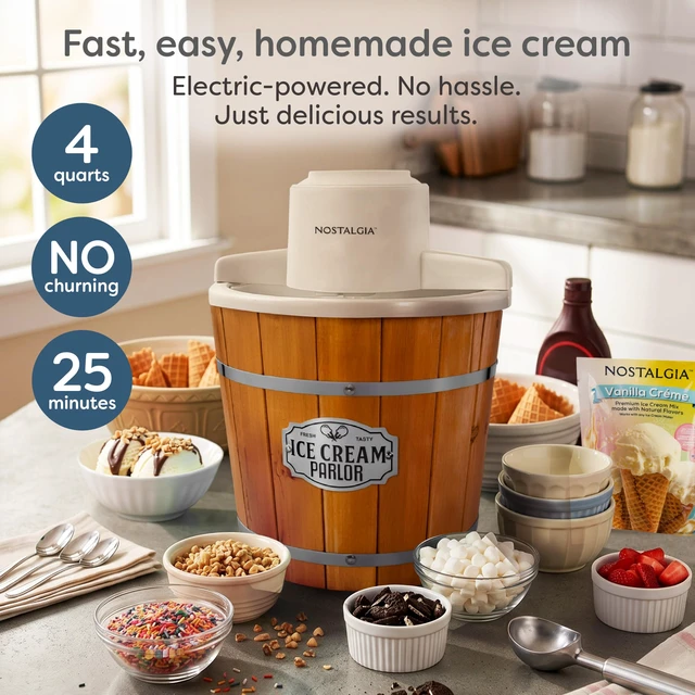 Alt view image 2 of 7 - Electric Ice Cream Maker With 4 Qt Capacity- Old Fashioned Ice Cream Machine Makes Frozen Yogurt or Gelato in Minutes- Vintage Wooden Style Ice Cream Maker with Aluminum Canister- Light Wood
