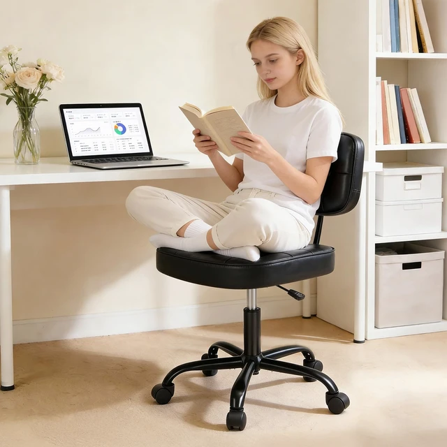 Alt view image 7 of 7 - Armless Office Desk Chair, Small Vanity Chair with Lumbar Support | PU Leather, 360° Rolling Swivel, Height Adjustable, Fit Computer Task, Bedroom Living Room, Black