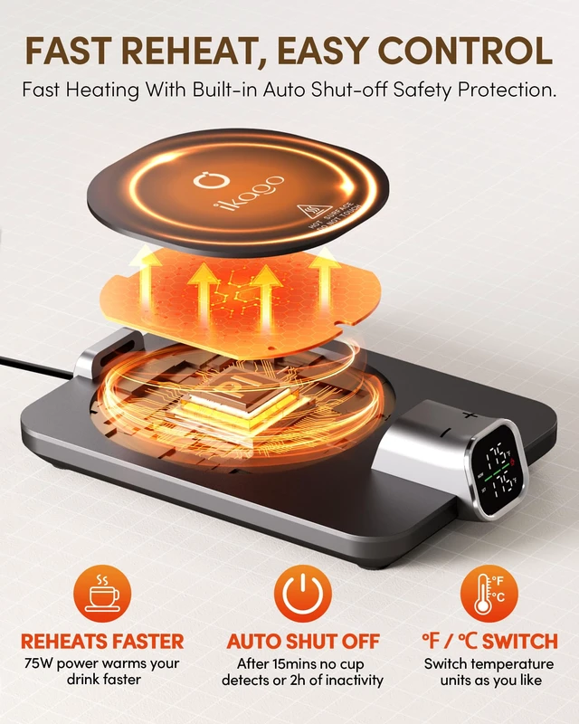 Alt view image 3 of 7 - Coffee Cup Warmer & Mug Set, 1 Precise Temp Control Mug Warmer | Auto Shut Off, Infrared Sensor, Dual Temp Display, / Optional, 15oz Mug with Spoon & Lid Included, Gifts for Men Women