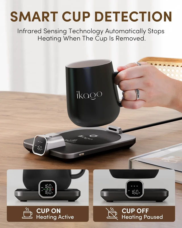 Alt view image 4 of 7 - Coffee Cup Warmer & Mug Set, 1 Precise Temp Control Mug Warmer | Auto Shut Off, Infrared Sensor, Dual Temp Display, / Optional, 15oz Mug with Spoon & Lid Included, Gifts for Men Women