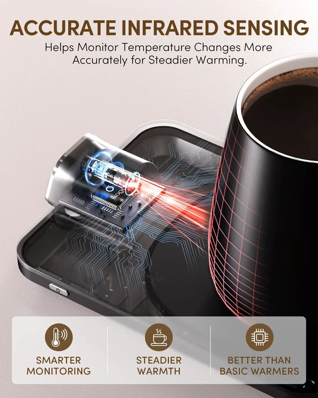 Alt view image 5 of 7 - Coffee Cup Warmer & Mug Set, 1 Precise Temp Control Mug Warmer | Auto Shut Off, Infrared Sensor, Dual Temp Display, / Optional, 15oz Mug with Spoon & Lid Included, Gifts for Men Women