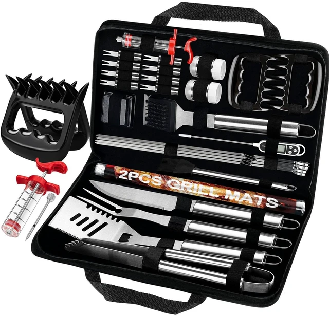 Main image of 28Pcs Grilling Accessories in Bag with Meat Injector, Barbecue Claws, Mats, Thermometer for Smoker, Camping BBQ Grill Utensils Set Dad Gifts for Christmas Birthday Grilling Gifts for Men Silver