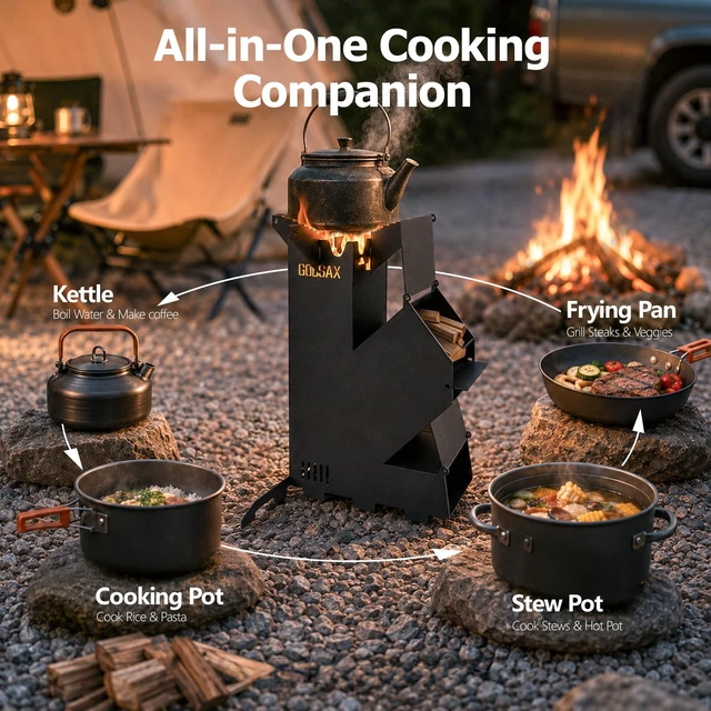 Alt view image 4 of 7 - Rocket Stove Portable Wood-Burning Camping Stove with Storage Bag | 1.8mm steel,130lbs downward load,6.33lb backpacker wood stove,efficient chimney burn,camping backpacking,burns twigs charcoal