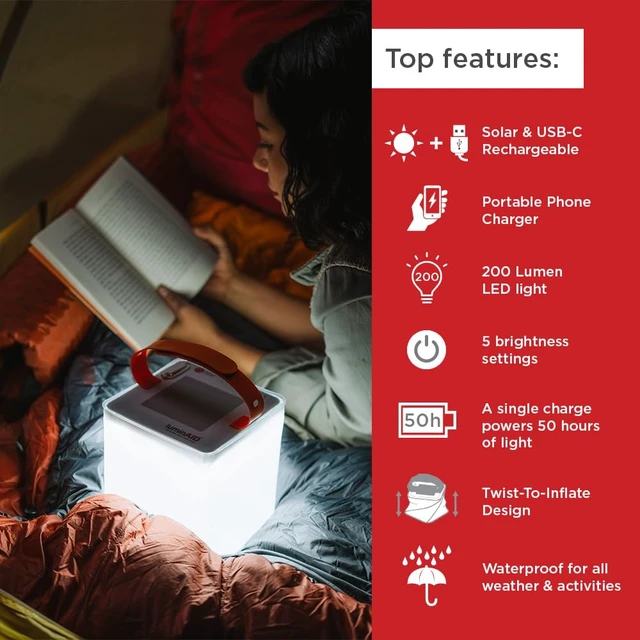 Alt view image 2 of 7 - Max 2-in-1 Inflatable Solar LED Camping Lantern & Phone Charger | 200 Lumens, Twist-to-Inflate Design, Waterproof, Camping, Hiking & Travel, Emergency Light for Power Outages, Hurricane