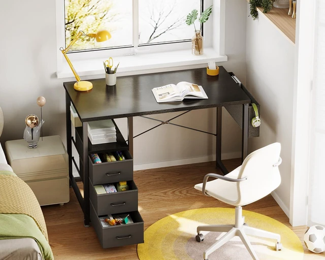 Alt view image 2 of 7 - 32 Inch Small Computer Desk with Fabric Drawers, Black | Mini Desk with Storage Shelf & Bag, Kids Study Desk for Bedroom, Home Office Desk for Small Space