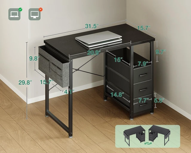 Alt view image 3 of 7 - 32 Inch Small Computer Desk with Fabric Drawers, Black | Mini Desk with Storage Shelf & Bag, Kids Study Desk for Bedroom, Home Office Desk for Small Space