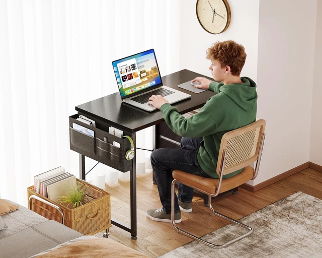 Alt view image 5 of 7 - 32 Inch Small Computer Desk with Fabric Drawers, Black | Mini Desk with Storage Shelf & Bag, Kids Study Desk for Bedroom, Home Office Desk for Small Space