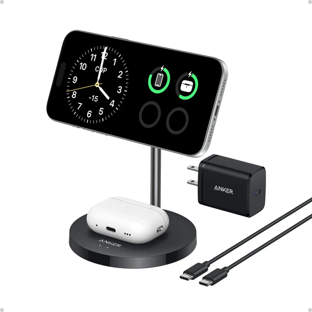 Main image of MagGo 2-in-1 MagSafe Compatible Qi2 15W Wireless Charging Stand | Qi2 Certified, Fast Charging, Wireless Charger for iPhone 18 Pro / 17, AirPods Pro, and More (Black, 40W Adapter Included)