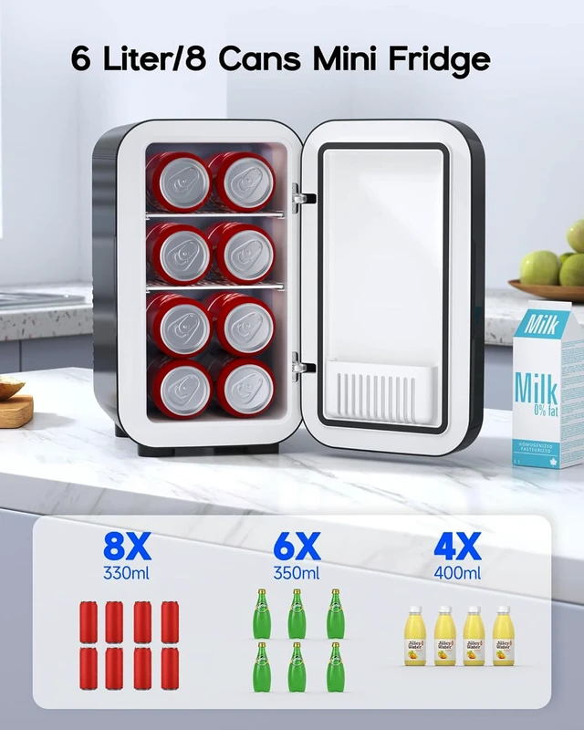 Alt view image 2 of 7 - Mini Fridge,6 Liter / 8 Can Small Fridge for Bedroom, Car, Office | Cooler & Warmer for Food, Drinks, Skincare,Energy Saving, Low Noise,110V Ac/12V Dc,Compact & Portable,BLACK
